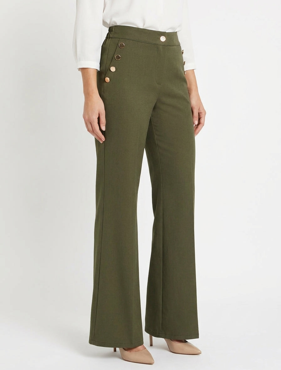 Pantalon taille haute coupe flare à boutons décoratifs dorés - Kaki