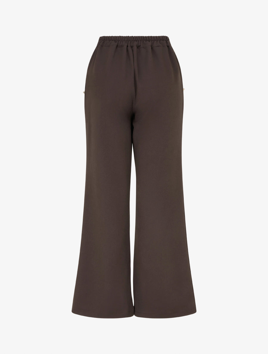 Pantalon taille haute coupe flare à boutons décoratifs dorés - Marron - 2