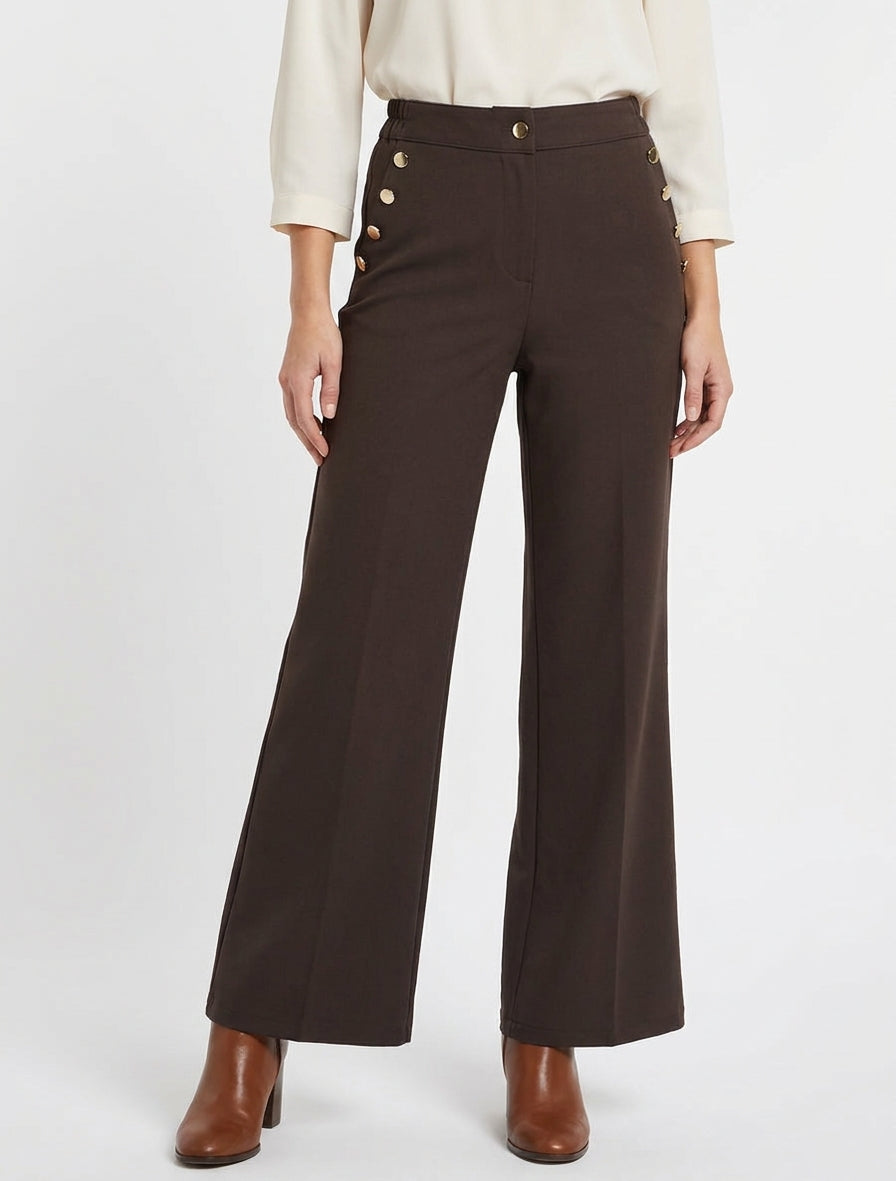 Pantalon taille haute coupe flare à boutons décoratifs dorés - Marron