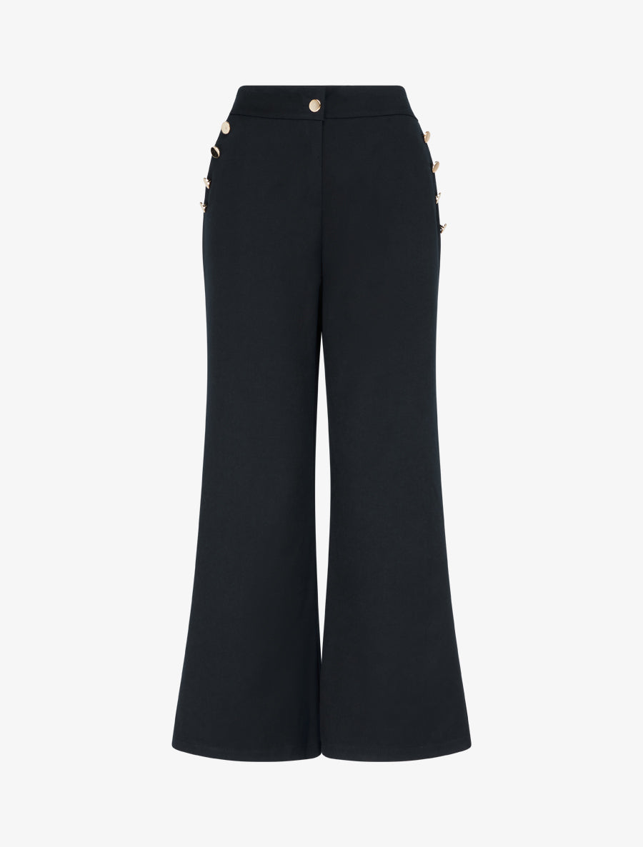 Pantalon taille haute coupe flare à boutons décoratifs dorés - Noir - 1