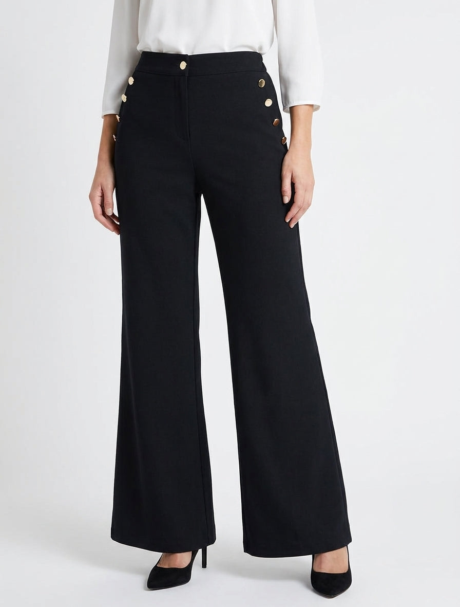 Pantalon taille haute coupe flare à boutons décoratifs dorés - Noir