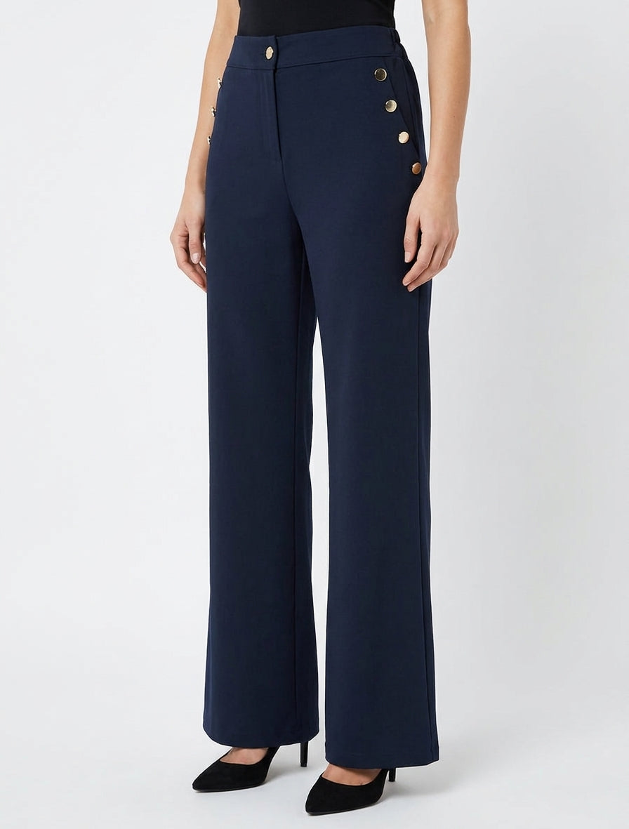 Pantalon taille haute coupe flare à boutons décoratifs dorés - Marine