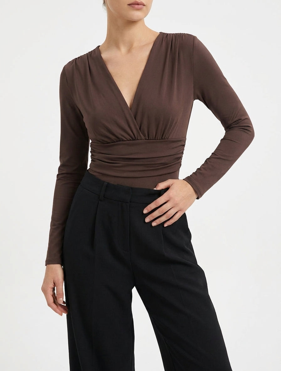 Lichaam met lange mouwen en geplooide taille - Bruin