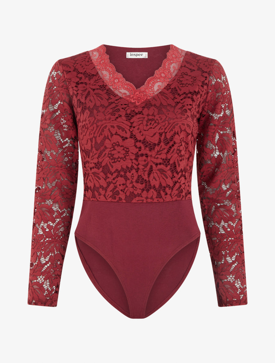 Body en dentelle à manches longues et col V - Bordeaux - 1