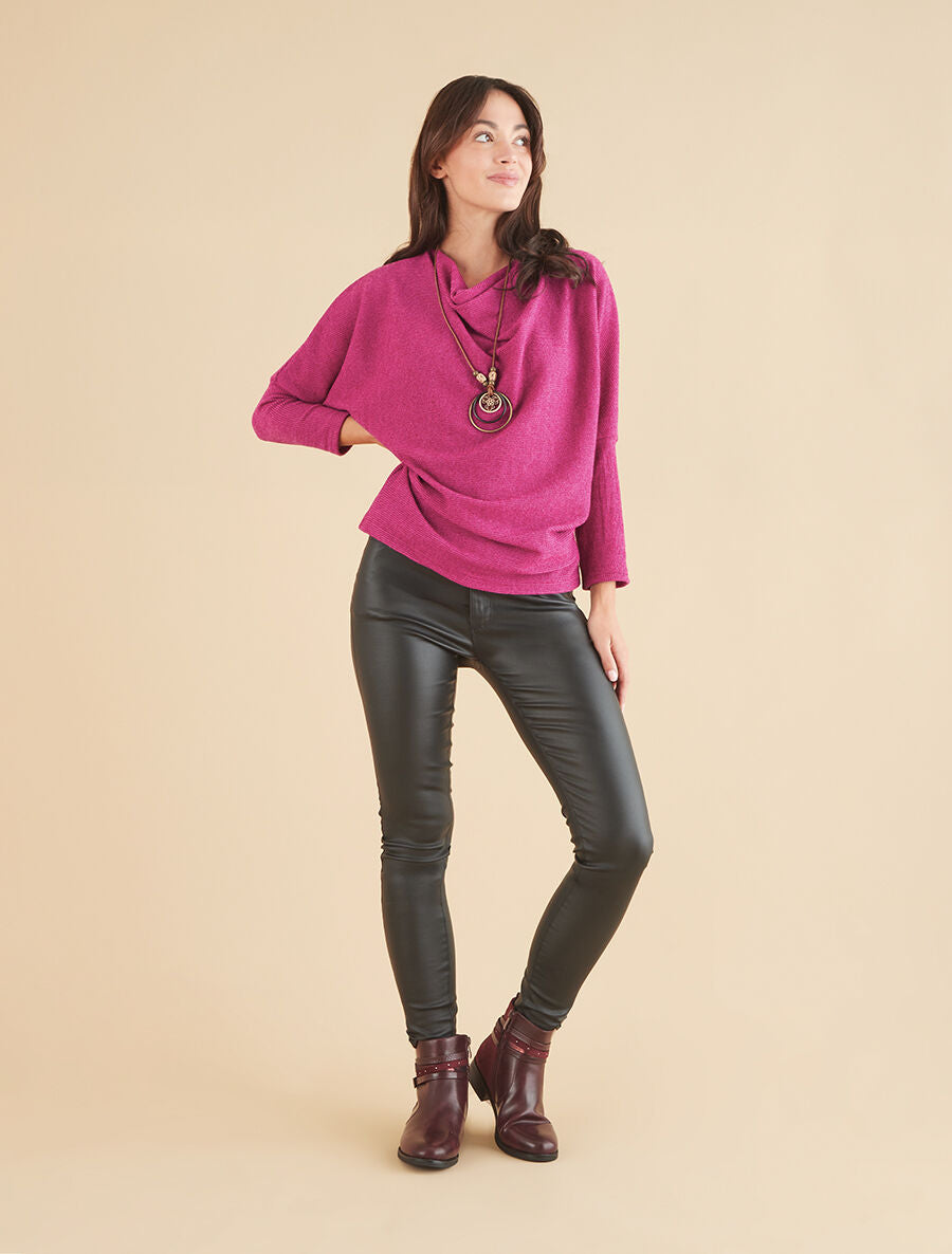 Pull côtelé avec sautoir - Fushia - 4