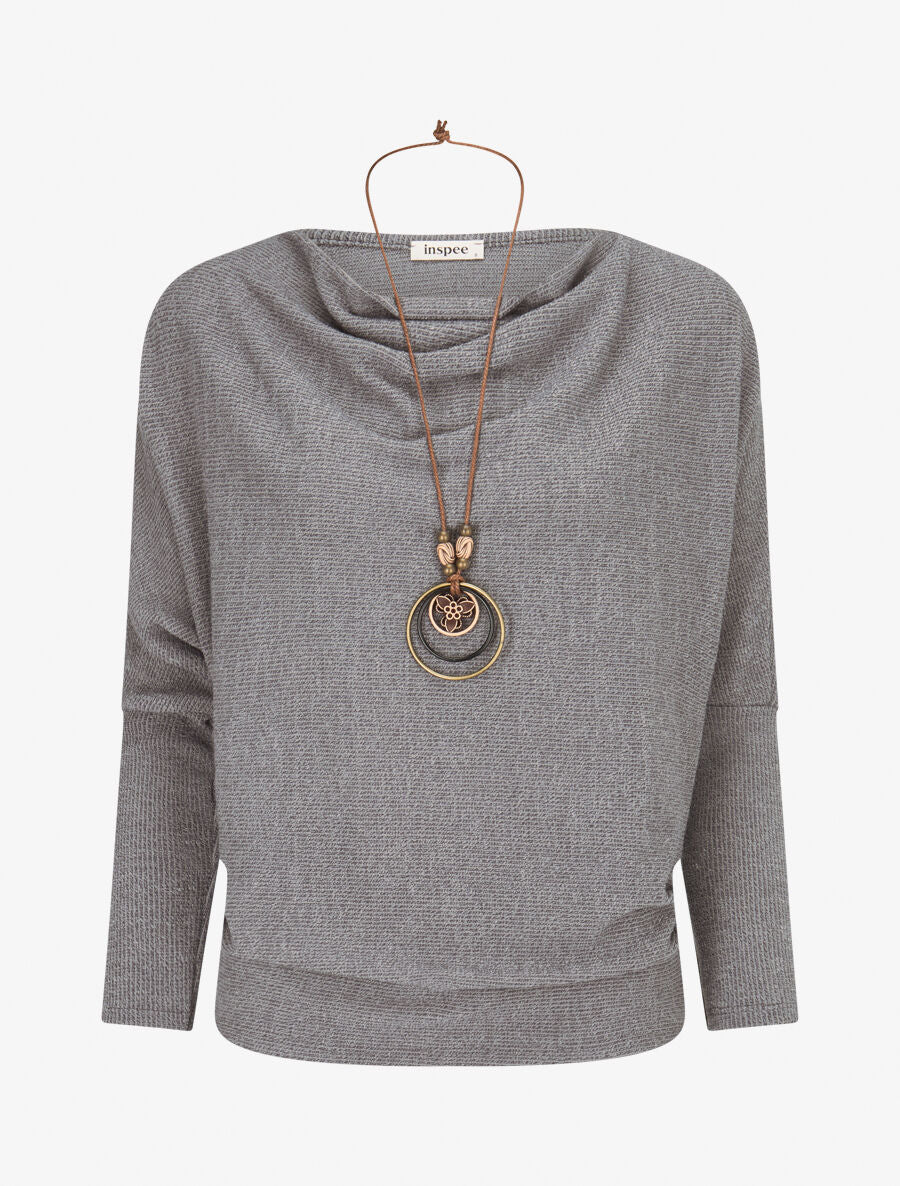 Pull côtelé avec sautoir - Gris foncé - 1