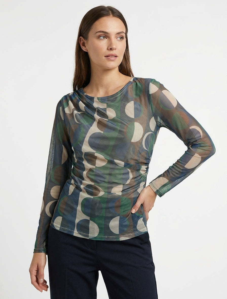 Top imprimé graphique en tulle - Marine