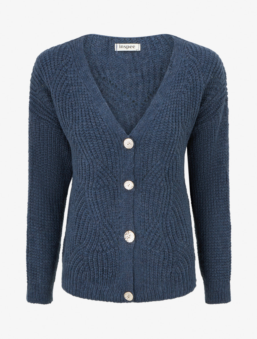Gilet en maille fantaisie à col V - Bleu - 1