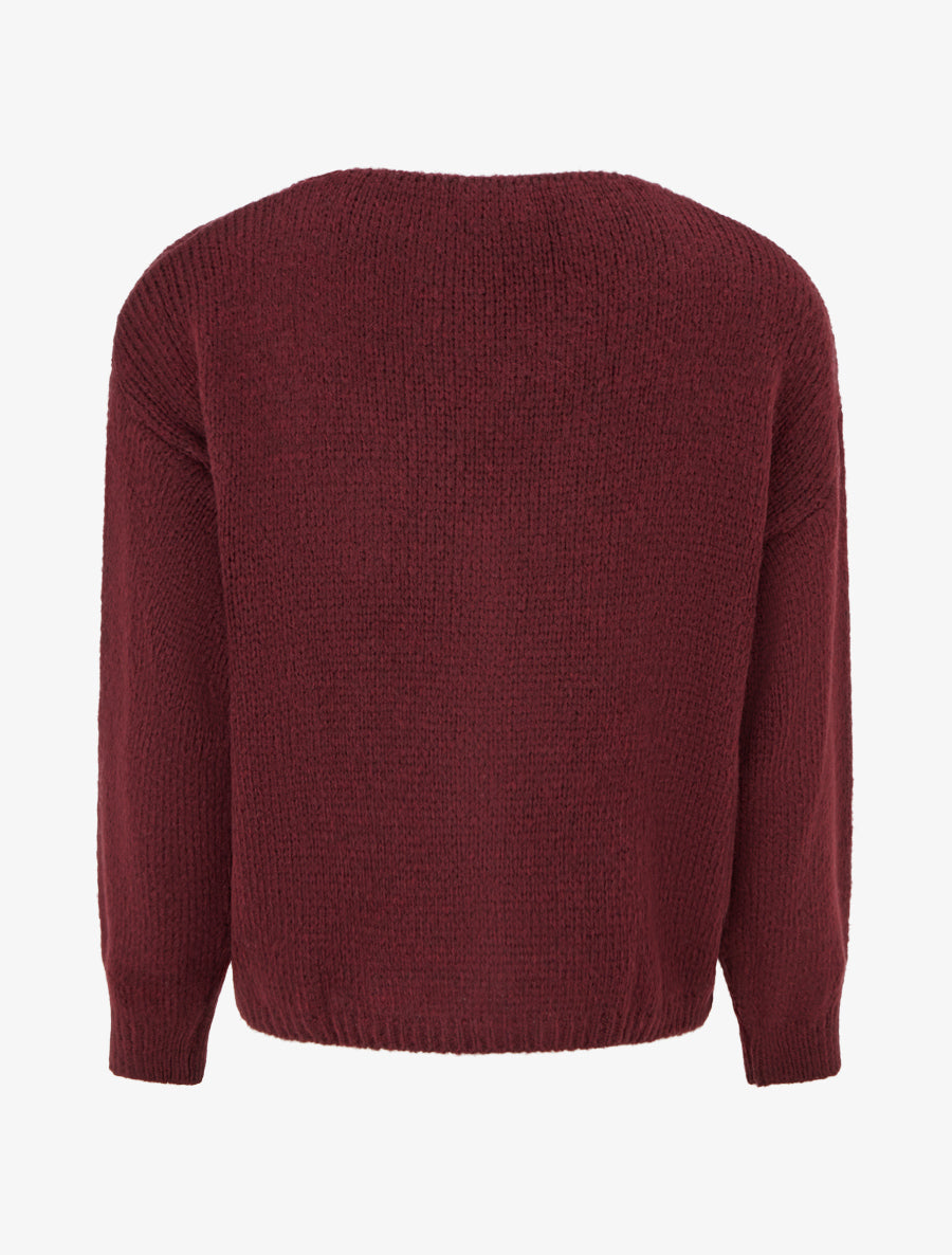 Gilet ample en maille épaisse à col V - Lie de vin - 2