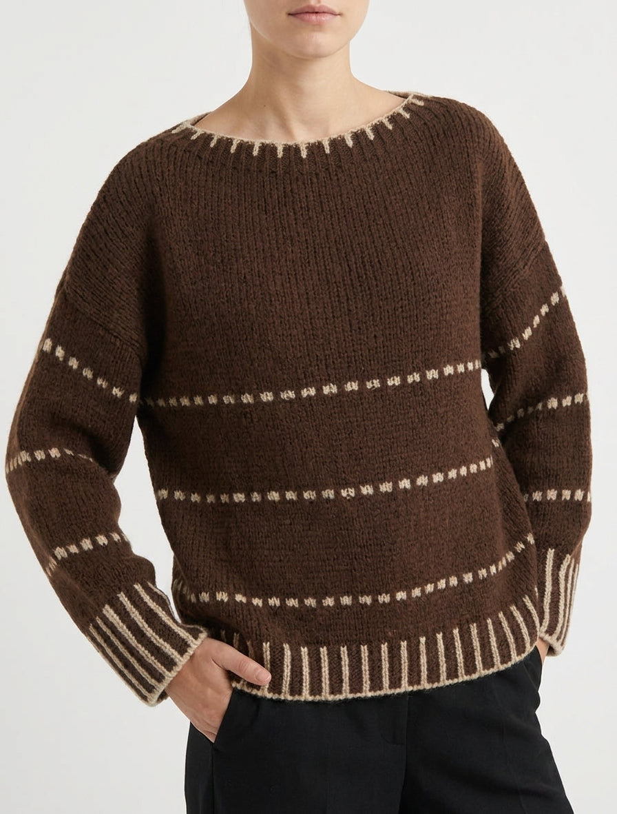 Pull coupe carrée à rayures style pointillé - Marron