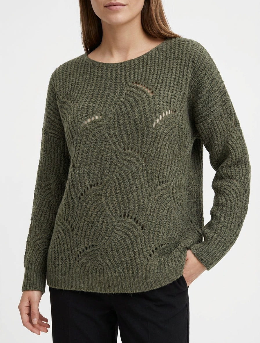 Pull ample en maille fantaisie ajourée - Kaki