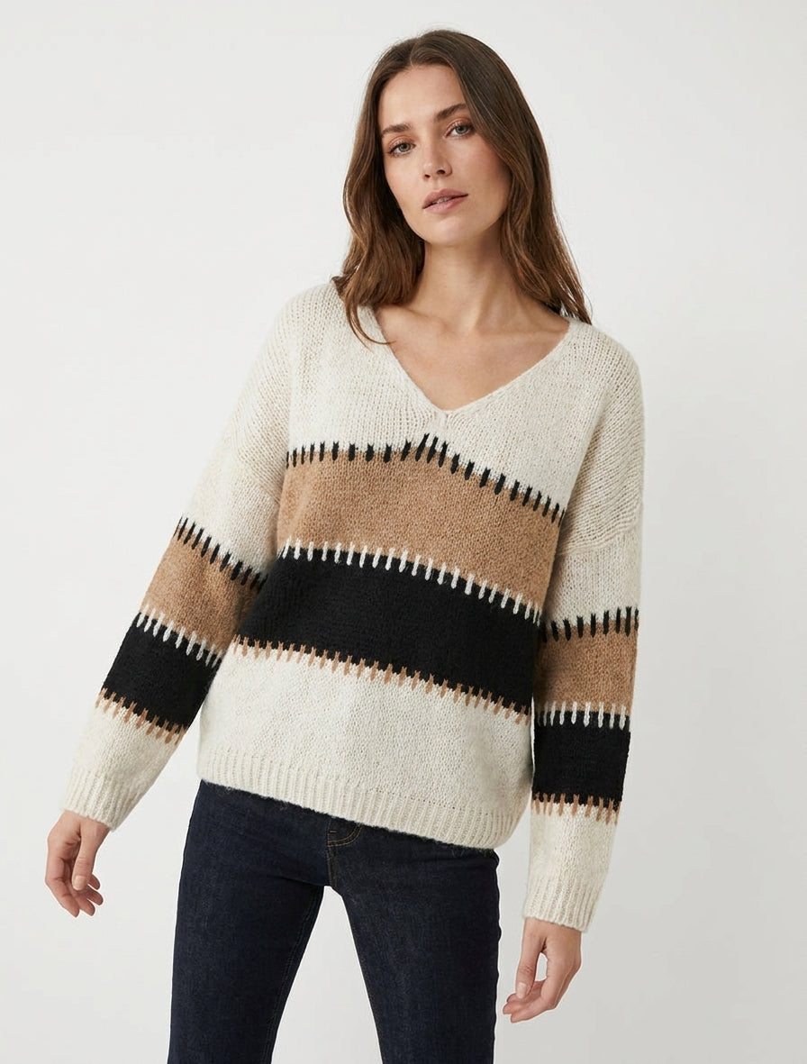 Pull ample à col V et rayures stylisées - Beige