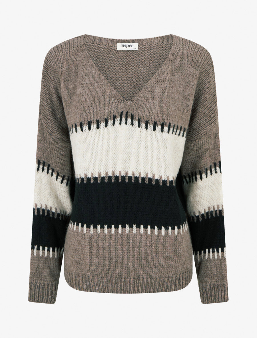 Pull ample à col V et rayures stylisées - Taupe - 1