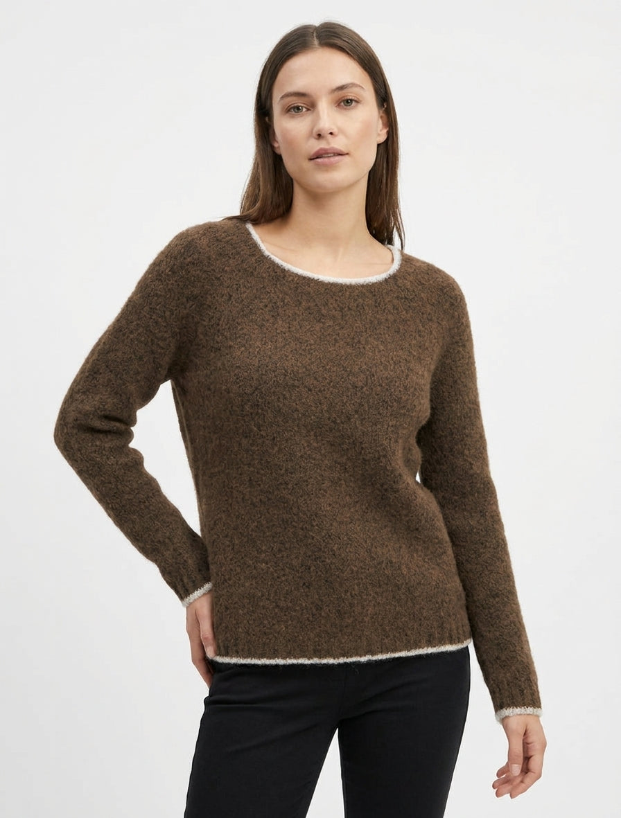 Pull en laine mélangée à liseré contrastant - Marron