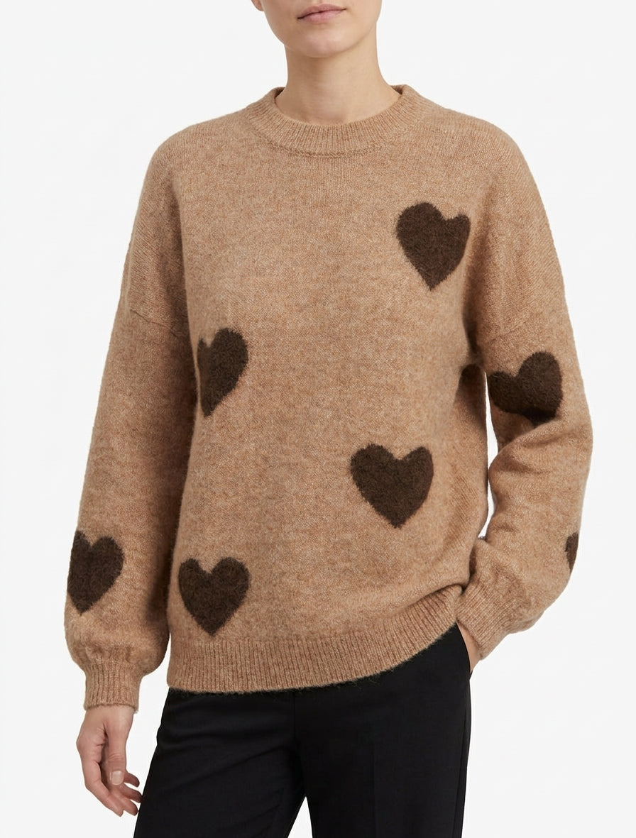 Pull en laine mélangée à motif coeur - Camel