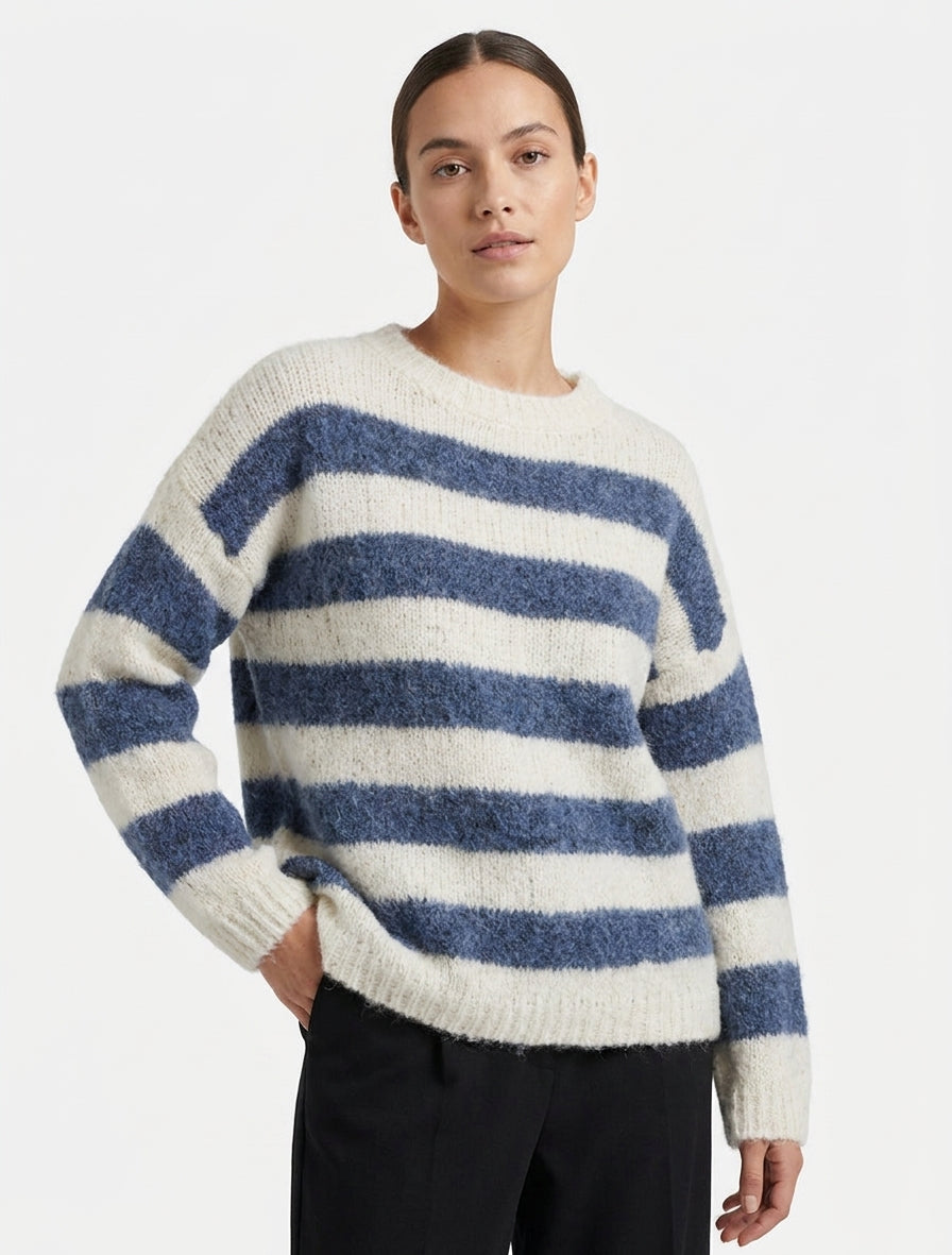 Pull ample à rayures en laine mélangée - Bleu