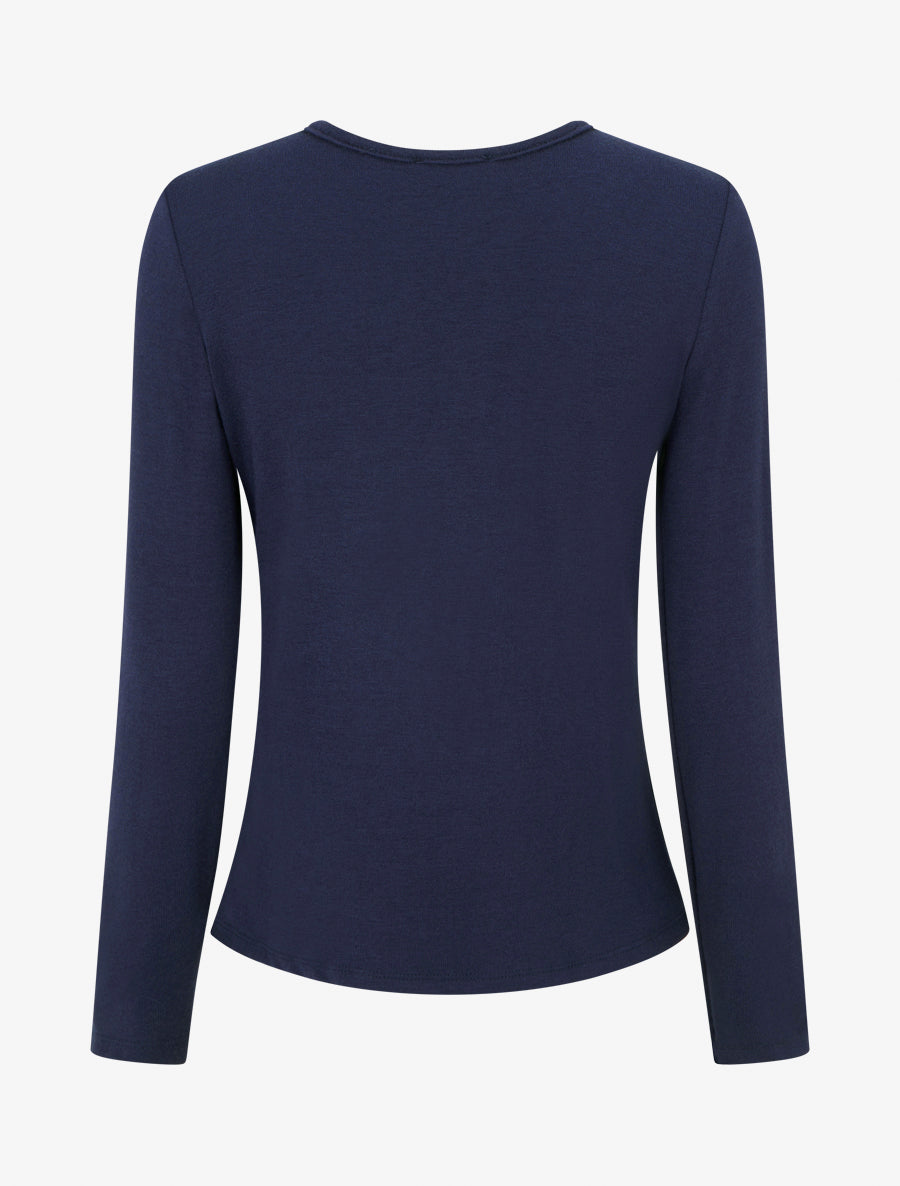 Pull fin et droit col rond froncé avec bijou - Marine - 2