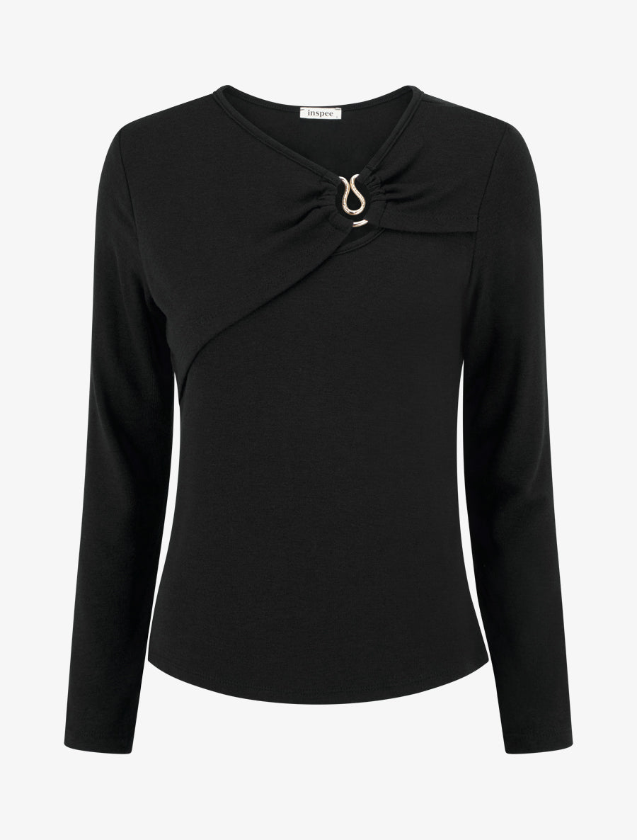 Pull fin et droit col rond froncé avec bijou - Noir - 1
