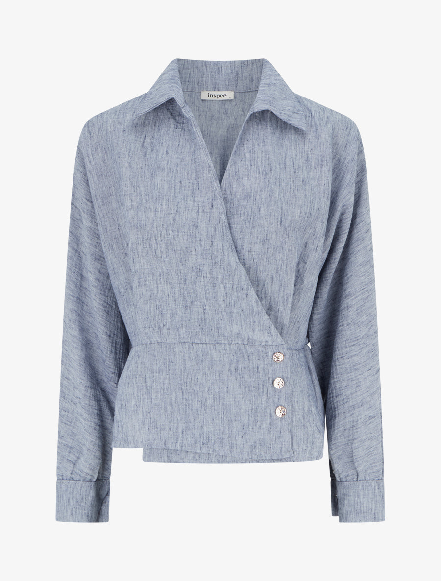 Blouse élastiquée à col cache-coeur - Bleu chiné - 1