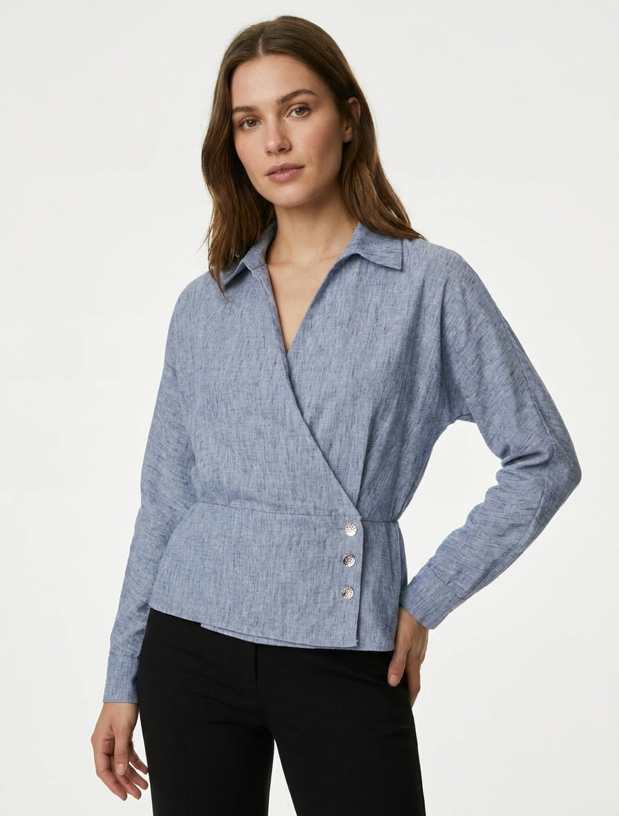 Elastische blouse met overslagkraag - Gemêleerd blauw