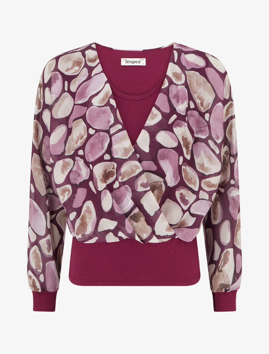 Top en voile imprimé galets et col cache-coeur - Lie de vin - 1