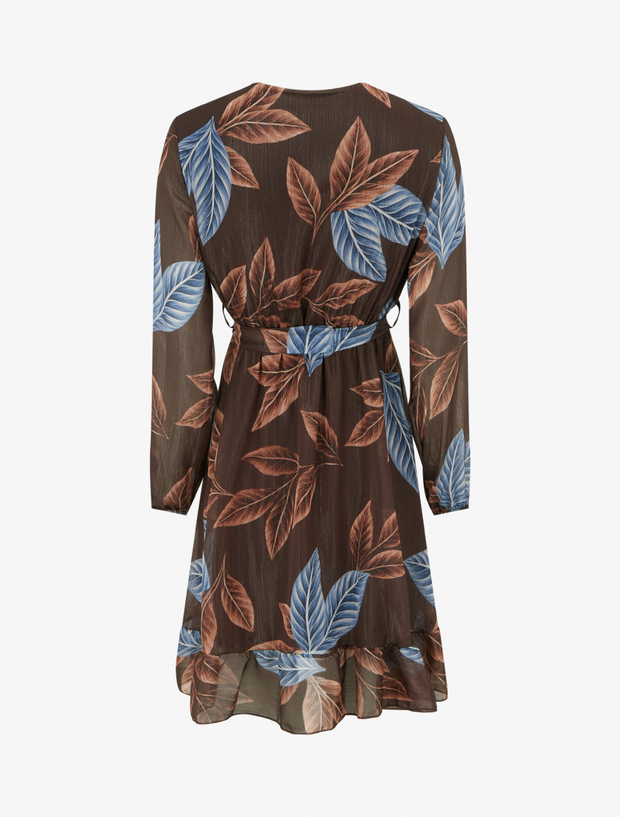 Robe irisée à imprimé feuilles et bords volantés - Marron - 2