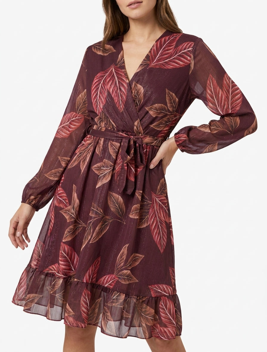 Robe irisée à imprimé feuilles et bords volantés - Lie de vin