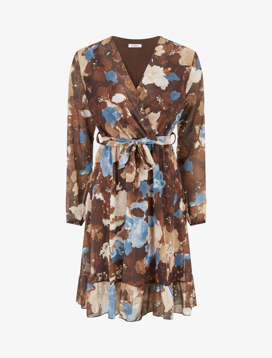 Robe irisée à imprimé fleurs abstraites et bords volantés - Marron - 1