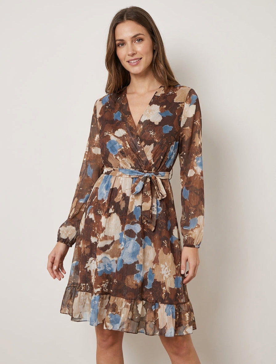 Irise jurk met abstracte bloemenprint en ruchesranden - Bruin
