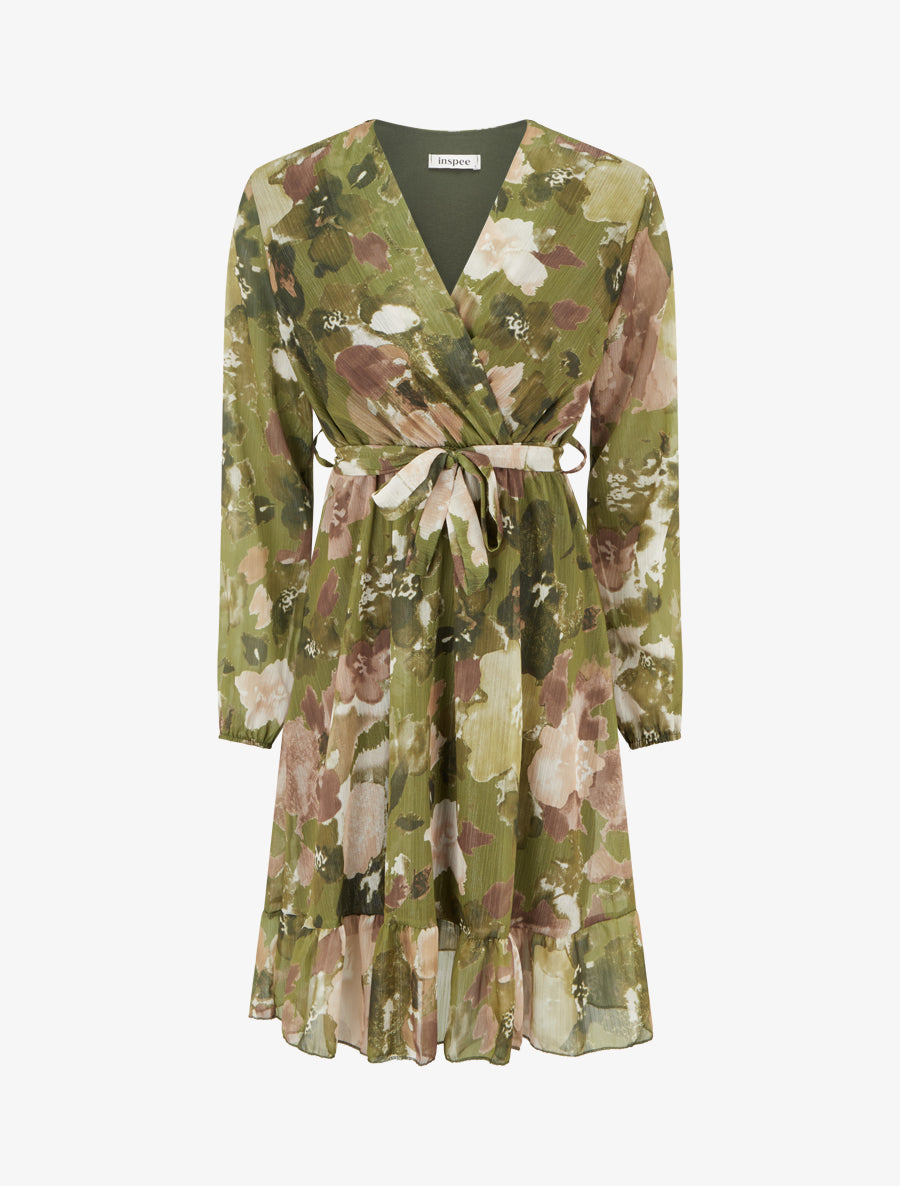 Robe irisée à imprimé fleurs abstraites et bords volantés - Kaki - 1
