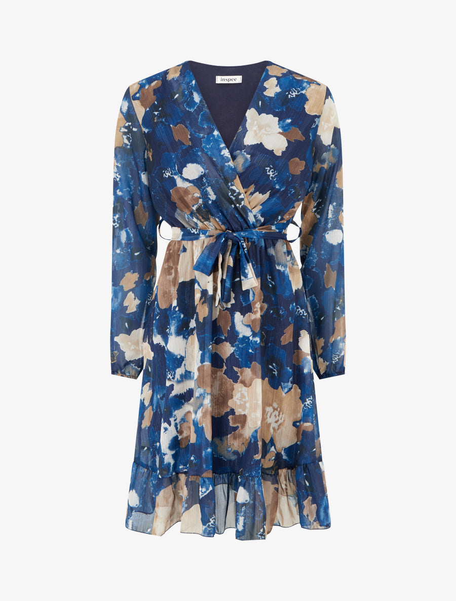 Robe irisée à imprimé fleurs abstraites et bords volantés - Marine - 1