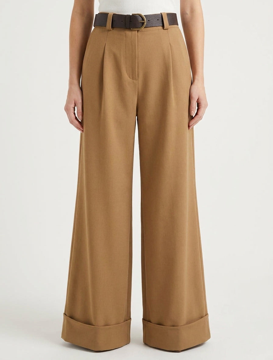 Pantalon taille haute à revers - Camel