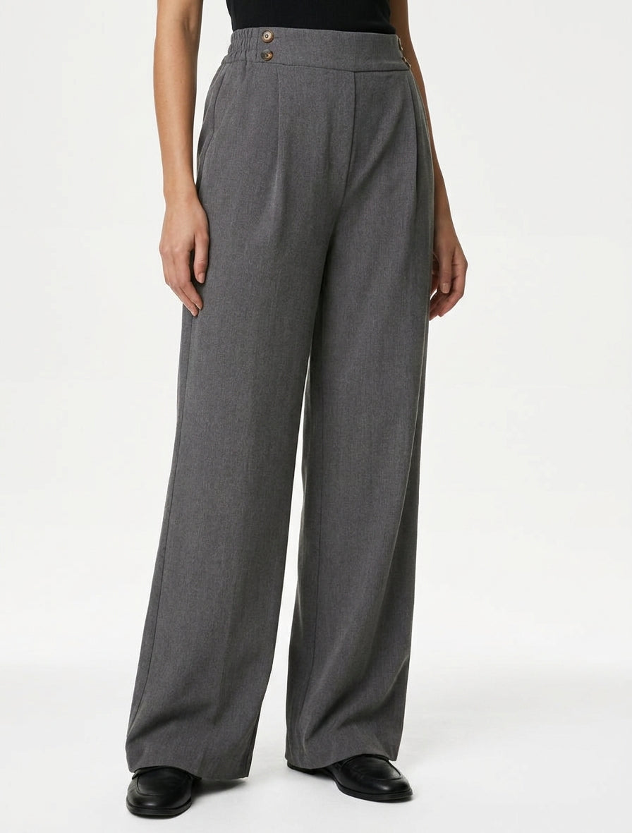 Pantalon ample à taille haute à boutons - Gris