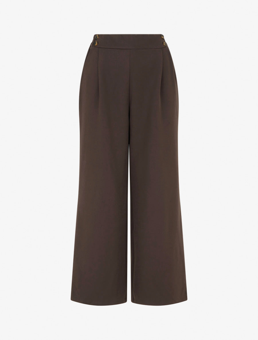 Pantalon ample à taille haute à boutons - Marron - 1