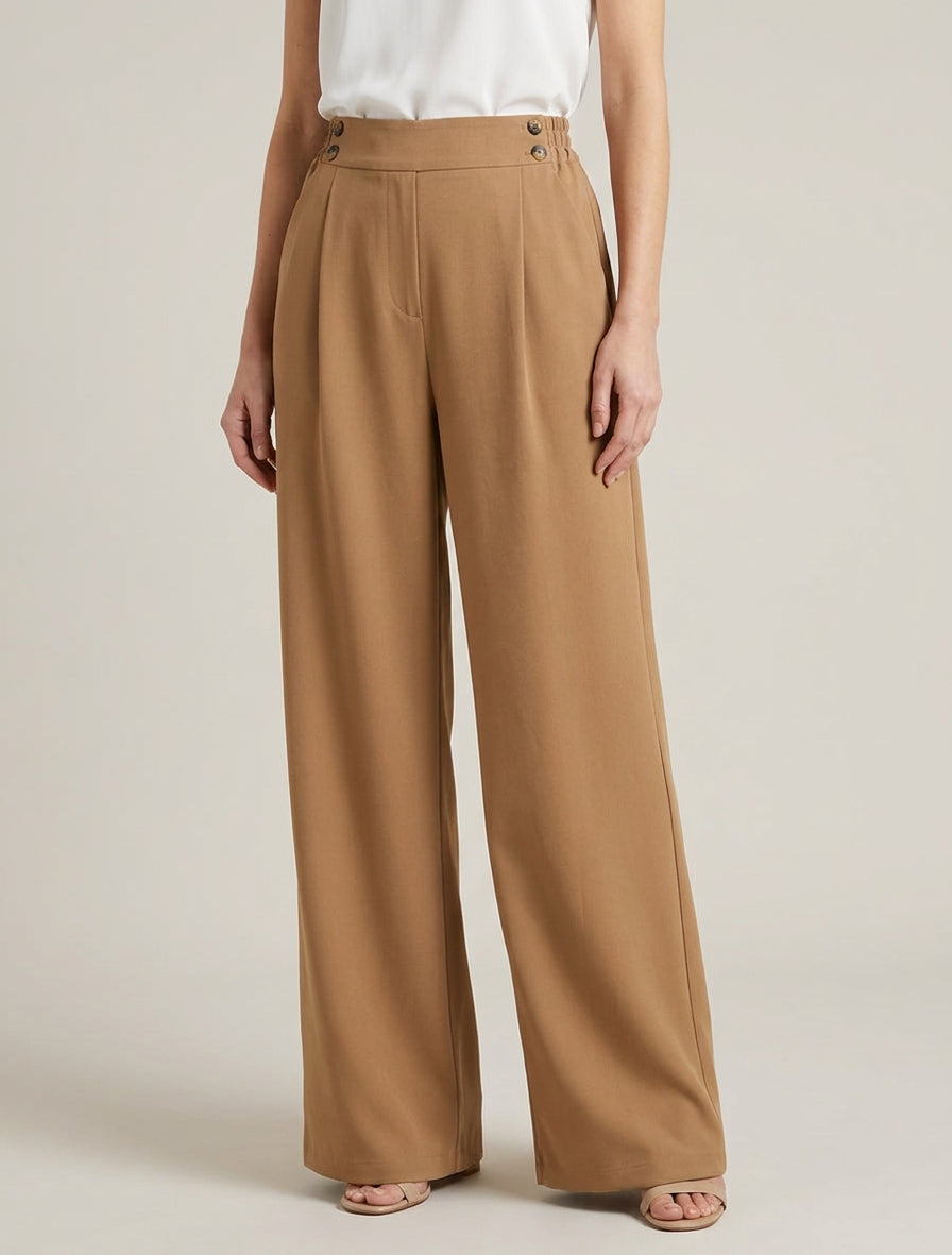 Pantalon ample à taille haute à boutons - Camel