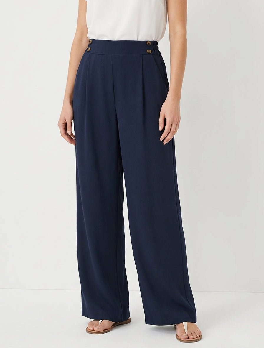 Pantalon ample à taille haute à boutons - Marine