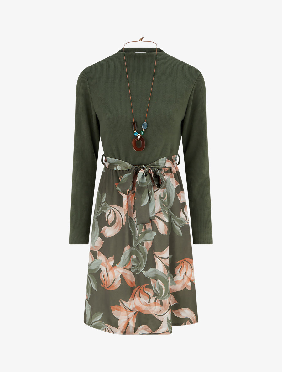 Robe bimatière à imprimé feuillage stylisé - Kaki - 1
