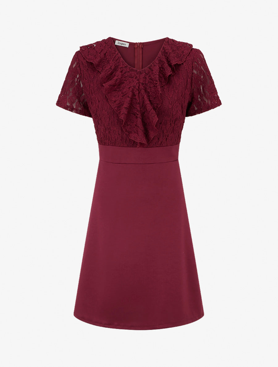 Robe droite à buste volanté en dentelle - Lie de vin - 1