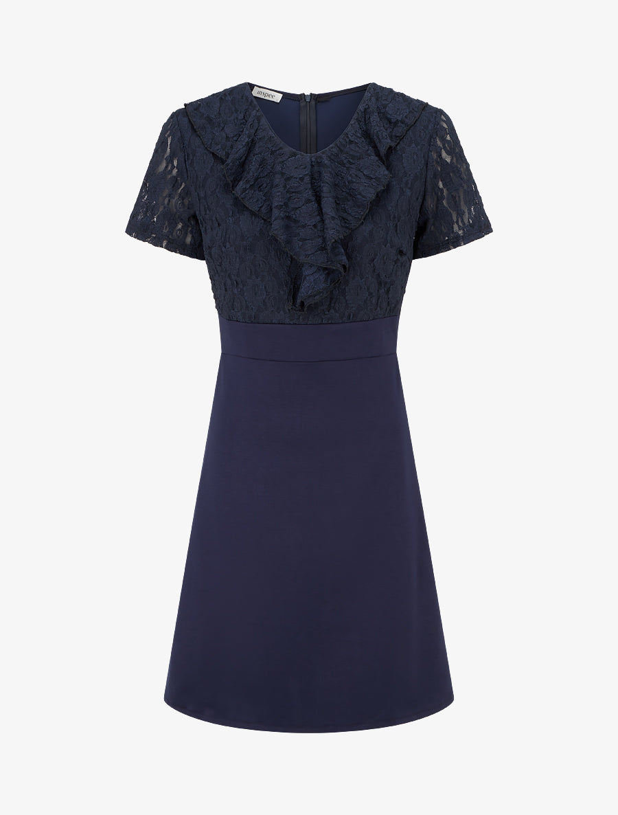 Robe droite à buste volanté en dentelle - Marine - 1