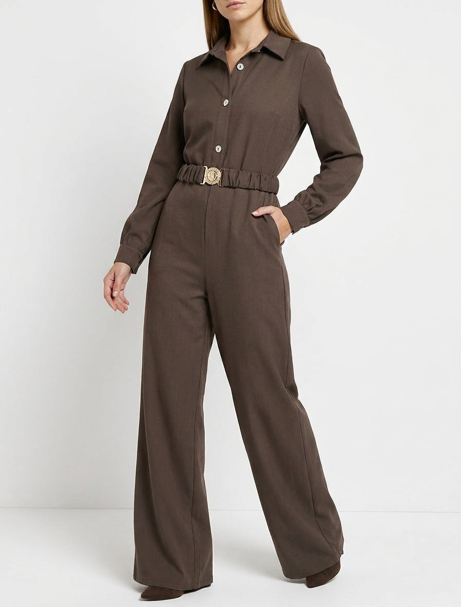 Rechte jumpsuit met lange mouwen en riem - Bruin