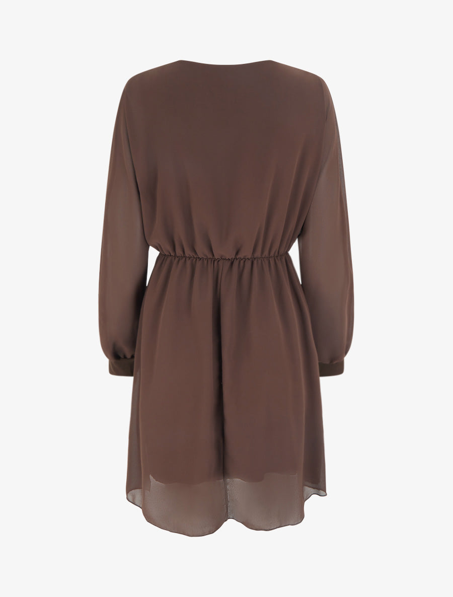 Robe évasée en voile à col cache-coeur - Marron - 2