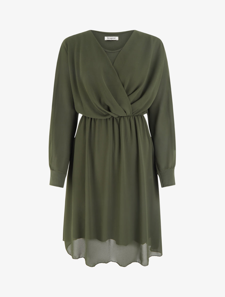 Robe évasée en voile à col cache-coeur - Kaki - 1