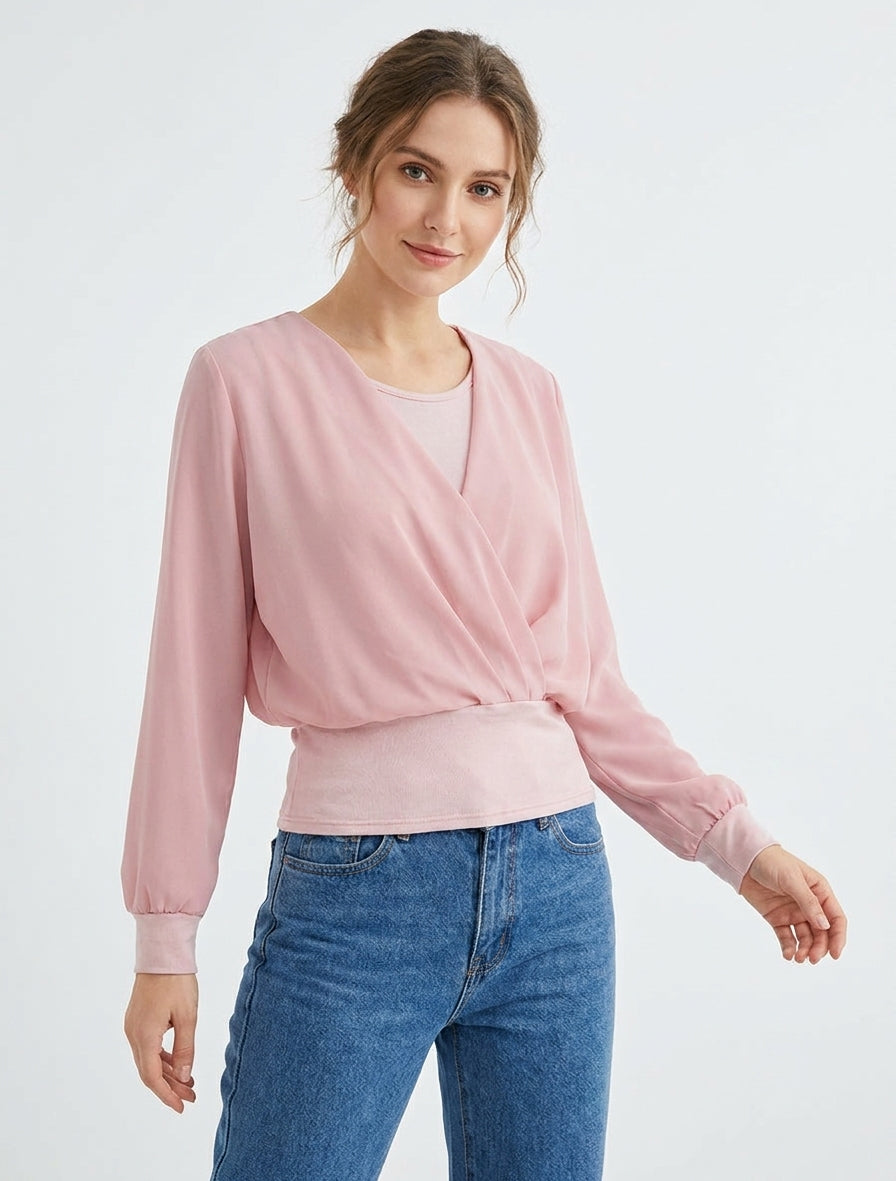 Top à manches style chauve-souris et pans cache-coeur - Rose