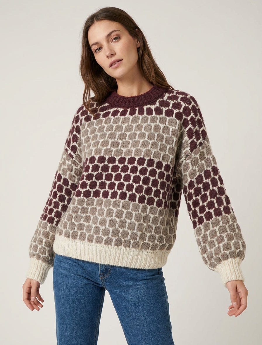 Trui van mohairmix met ronde motieven - Bordeaux/taupe