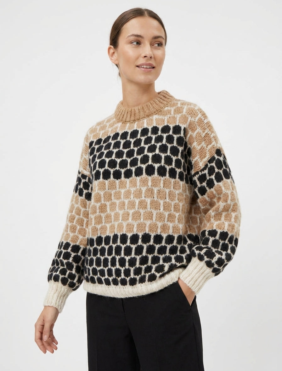 Pull en mohair mélangé à motif ronds - Camel/noir