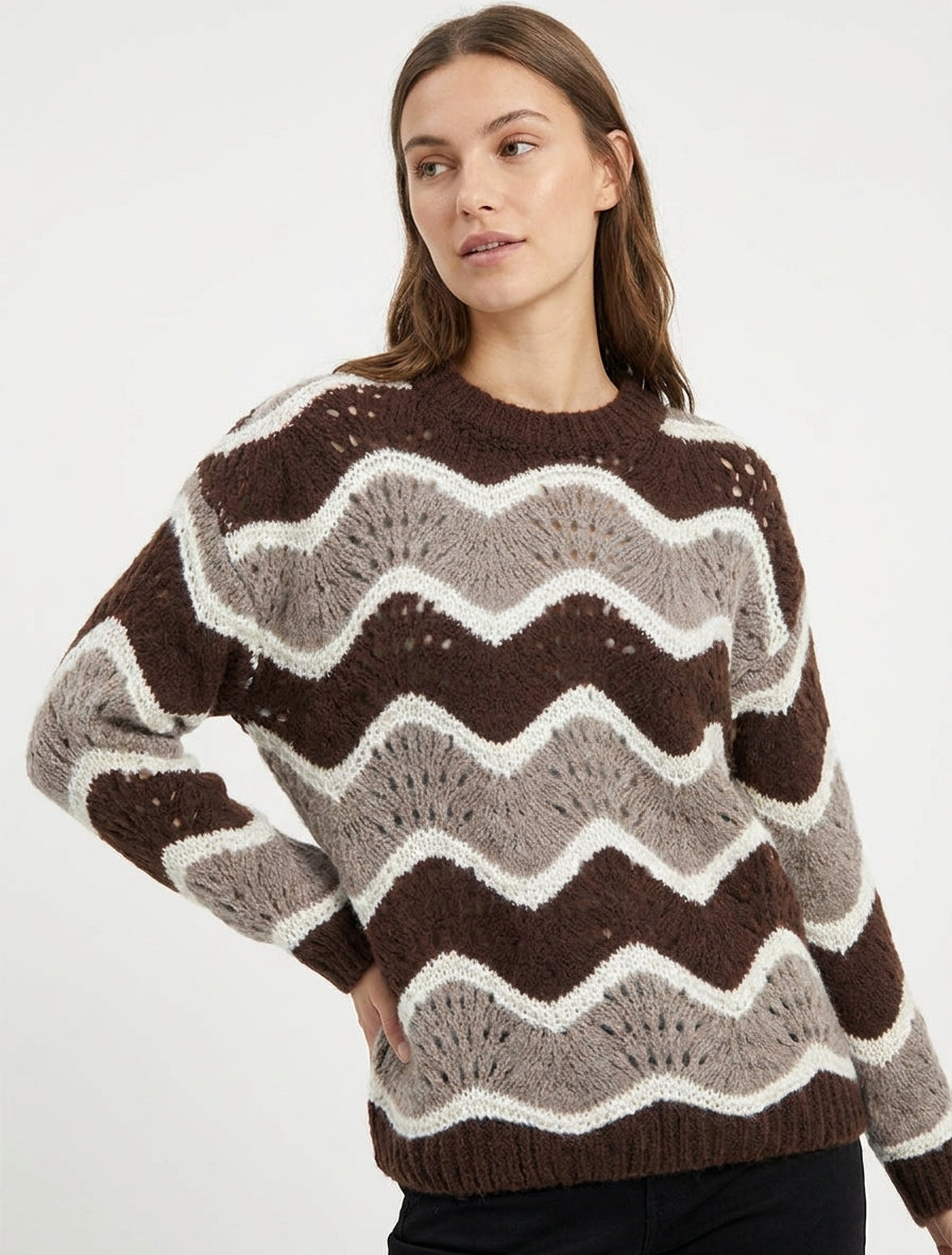 Pull en mohair mélangé à motif rayures courbées - Marron/taupe