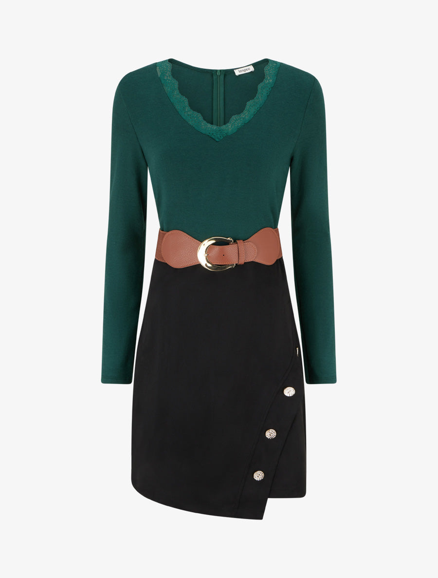 Robe droite bicolore - Vert sapin - 1