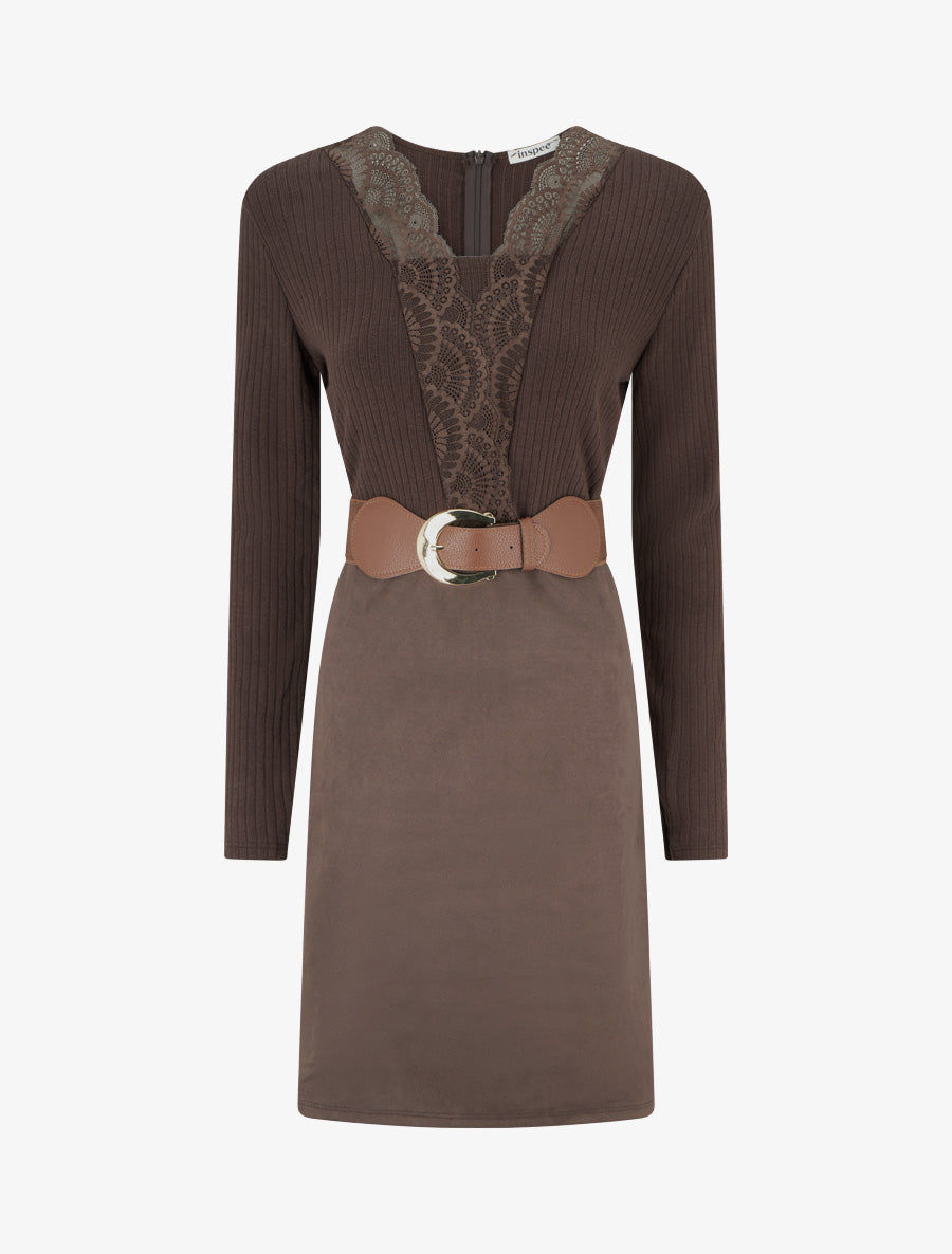 Robe droite bimatière à détail dentelle - Marron - 1