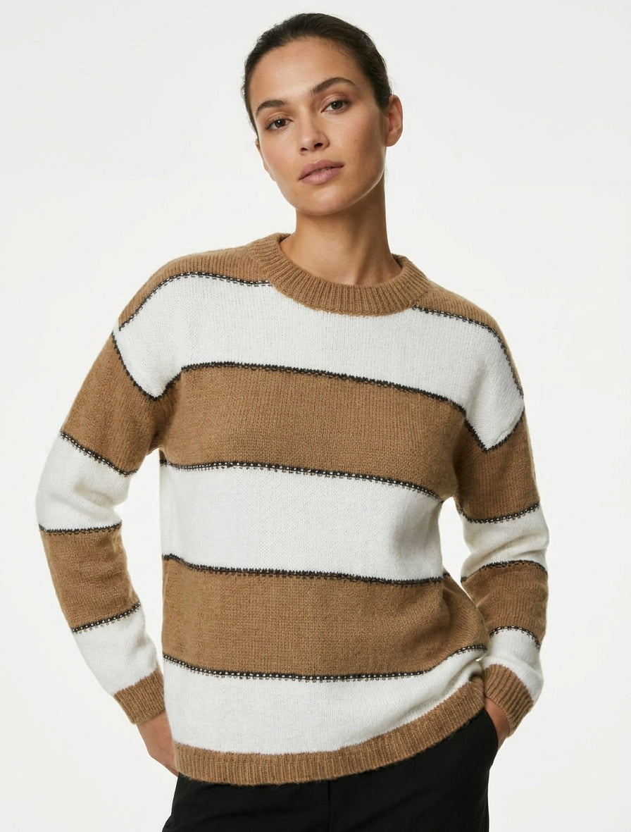 Pull à rayures tricolore en mohair mélangé - Camel
