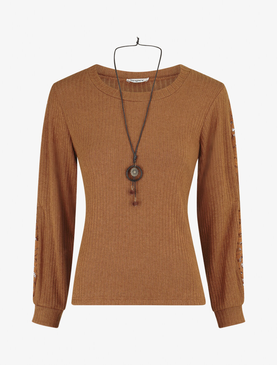 Pull côtelé à manches détails dentelle Camel Inspee Inspee